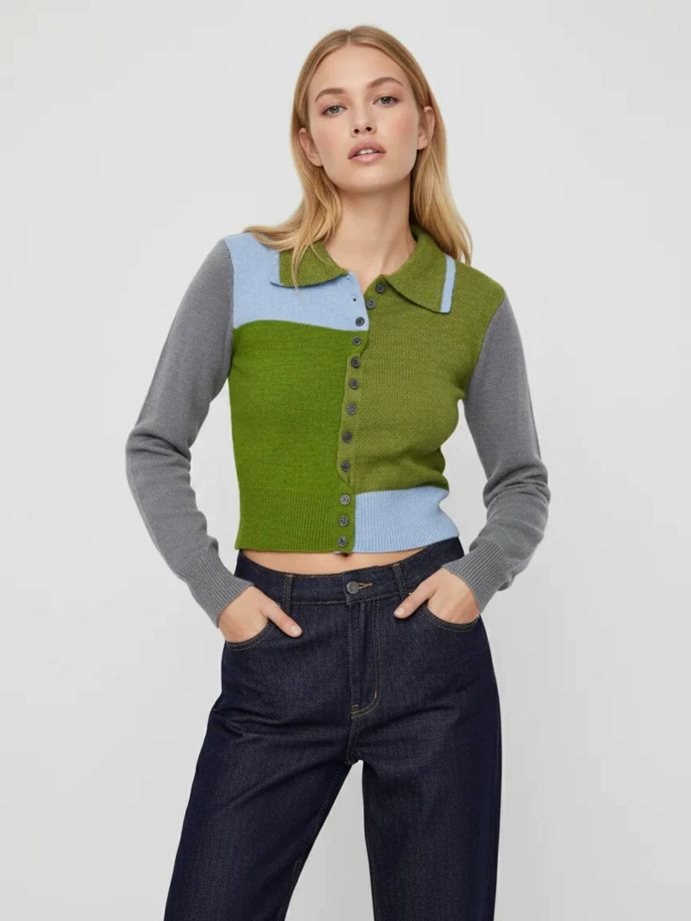 Zara Retro Color Block Single Breasted Lapel Collar Short Knit Cardigan